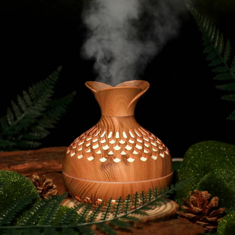 Cerrota Portable Mini Humidifier with 300ML Capacity, USB-Powered Cool Mist Humidifier for Home, Office, Travel, Baby Nursery, Wooden Vase Design with Colorful LED Light & Aroma Diffuser Function