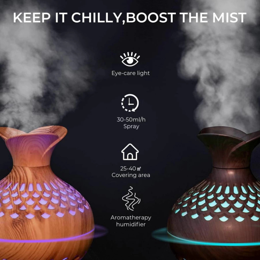 Cerrota Portable Mini Humidifier with 300ML Capacity, USB-Powered Cool Mist Humidifier for Home, Office, Travel, Baby Nursery, Wooden Vase Design with Colorful LED Light & Aroma Diffuser Function