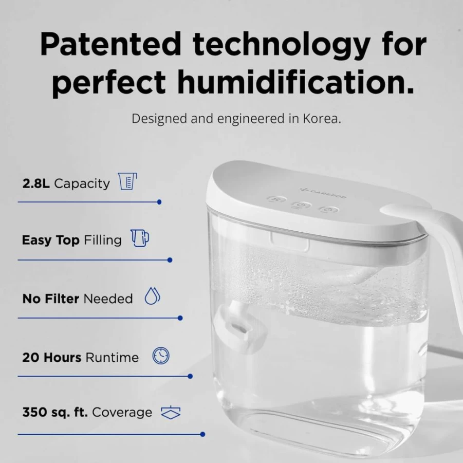 Carepod Mini Ultrasonic Humidifier - 2.8L Cool Mist for Bedroom, Baby-Safe, Quiet, Filter-Free, Auto Shut-Off, 20H Runtime, Easy Clean with 3 Washable Parts, Transparent Design
