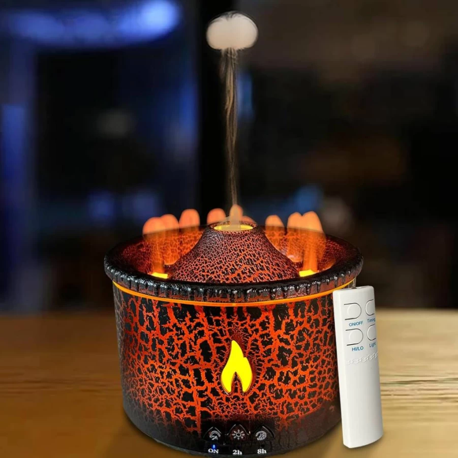Cechlicht 300ml Essential Oil Diffuser with Flame Effect, Volcano Mist Mode, Timer, Auto Shut-Off, and Remote Control for Home, Bedroom, Office - Black