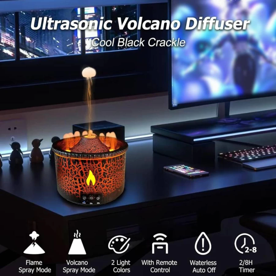 Cechlicht 300ml Essential Oil Diffuser with Flame Effect, Volcano Mist Mode, Timer, Auto Shut-Off, and Remote Control for Home, Bedroom, Office - Black