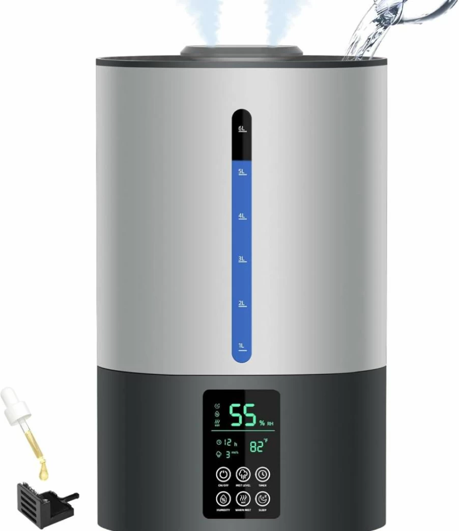 Coolfiqu 5L Ultrasonic Cool Mist Humidifier for Bedroom, Home, and Plants - Top Fill, 360° Nozzle, Essential Oil Diffuser, Quiet Operation, Adjustable Mist - Gray