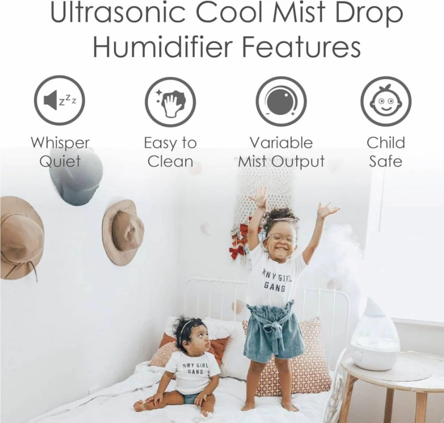 Crane Ultrasonic Cool Mist Humidifier - 1 Gallon Large Tank, Auto Shut-Off, Quiet Operation for Nursery, Bedroom, Office - Grey Teardrop Design