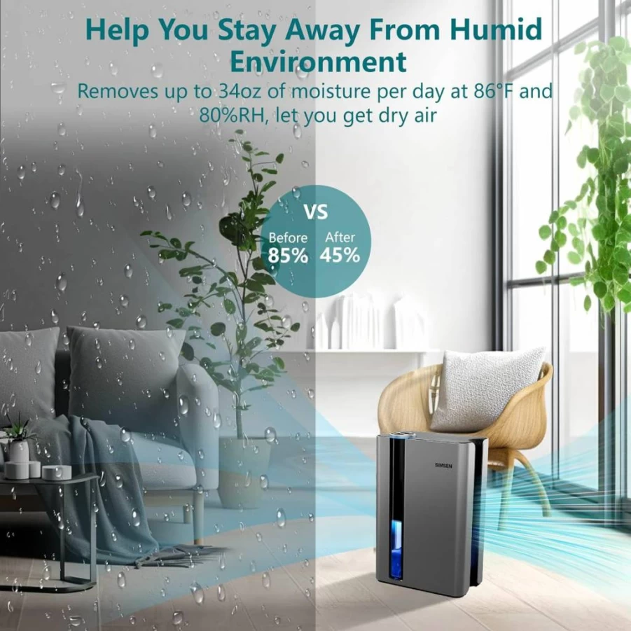 Simsen 95Oz Dehumidifier for Home Up to 800 Sq Ft, Portable Small Dehumidifier with Reusable Filter & Drain Hose, Quiet Energy Efficient for Bedroom, Bathroom, Basement, Closet, RV