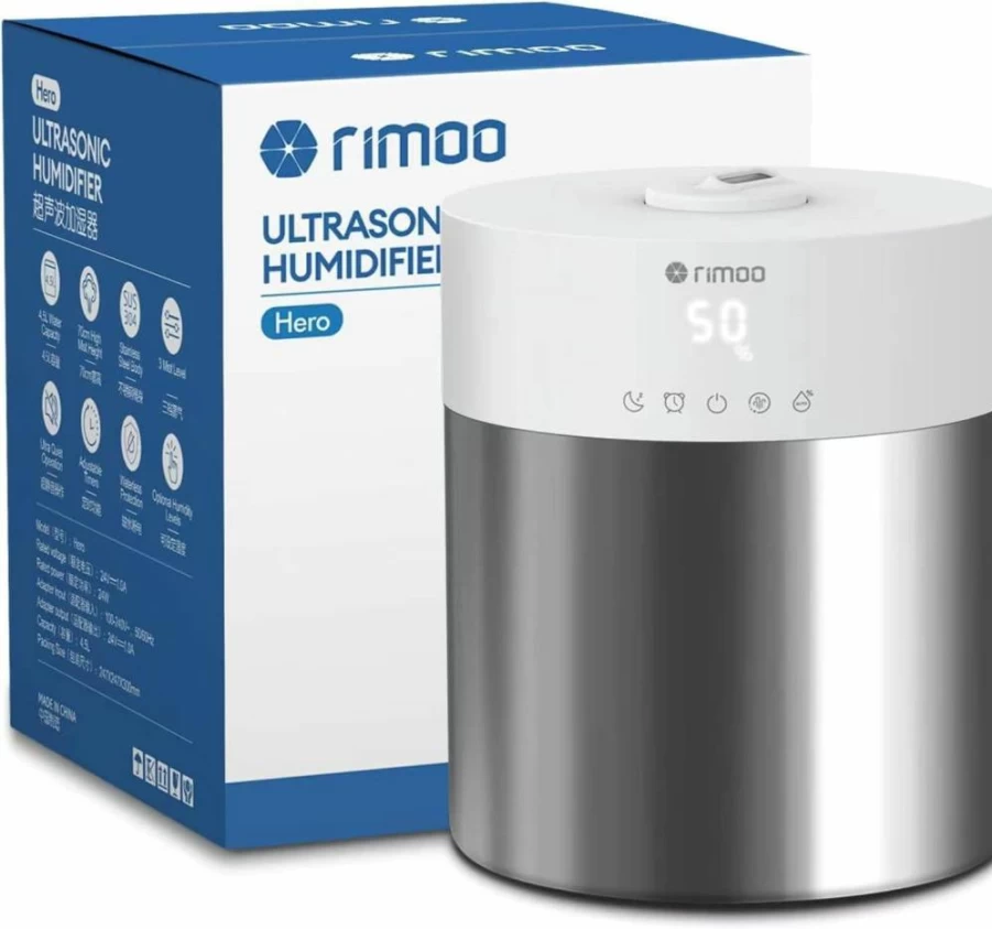 RIMOO Ultrasonic Cool Mist Humidifier for Large Room & Bedroom, Top Fill Humidifier with Stainless Steel Tank, Smart Humidistat, Timer & Sleep Mode for Baby and Plants