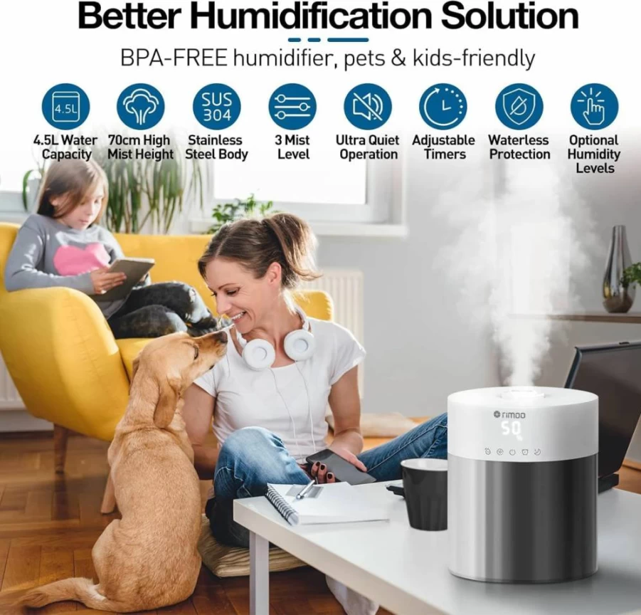RIMOO Ultrasonic Cool Mist Humidifier for Large Room & Bedroom, Top Fill Humidifier with Stainless Steel Tank, Smart Humidistat, Timer & Sleep Mode for Baby and Plants