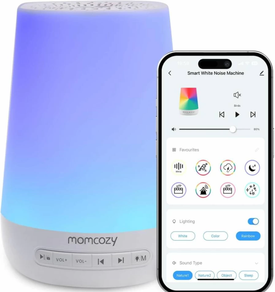 Momcozy Baby White Noise Machine with 34 Soothing Sounds, Night Light, Timer & App Control for Better Sleep, Portable Sound Machine for Toddlers & Infants (Blue)