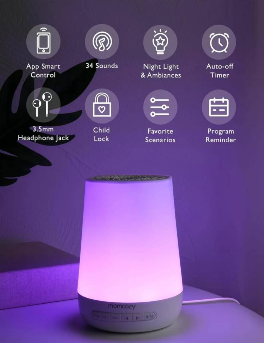 Momcozy Baby White Noise Machine with 34 Soothing Sounds, Night Light, Timer & App Control for Better Sleep, Portable Sound Machine for Toddlers & Infants (Blue)