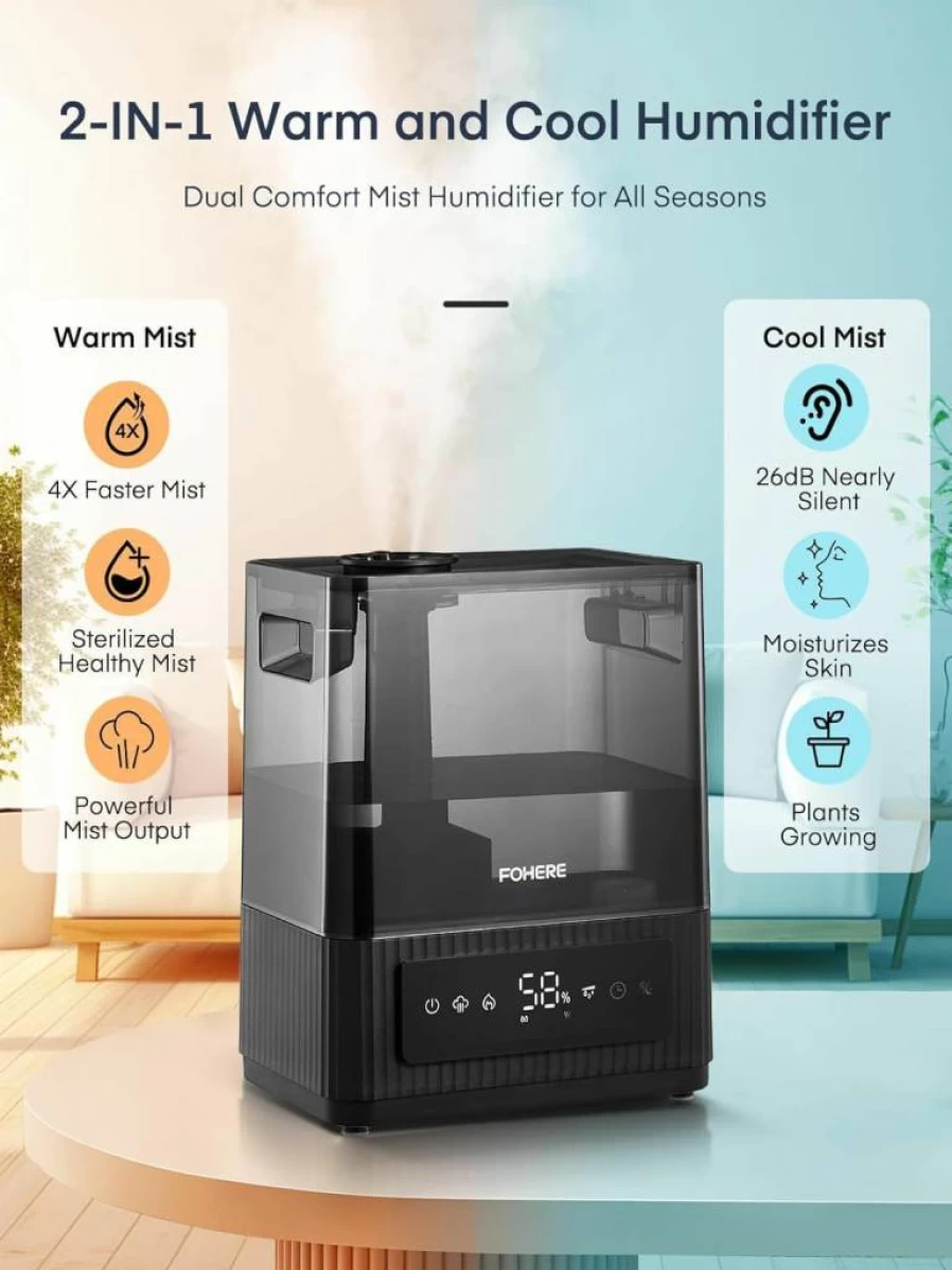 FOHERE 6L Ultrasonic Humidifier with Warm & Cool Mist, Smart Humidity Control, 60H Quiet Operation, Sleep Mode, 12H Timer, Oil Diffuser, Top Fill Design for Bedroom, Home, Baby, and Plants