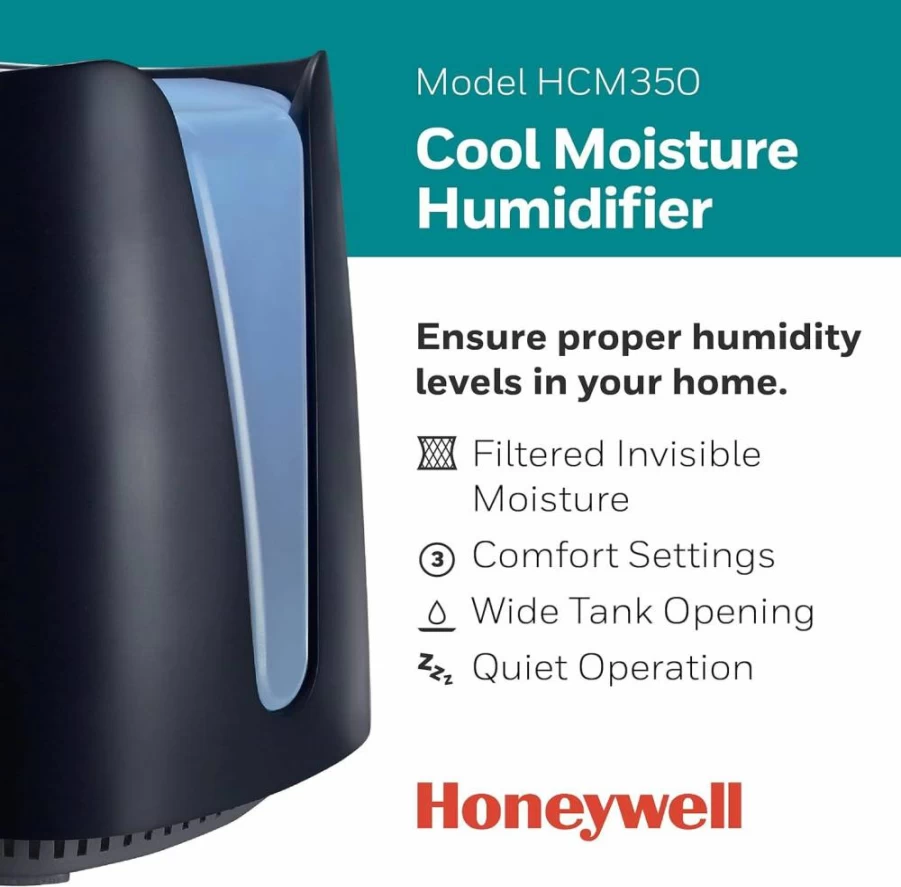 Honeywell Quiet Cool Moisture Humidifier with UV Technology - 1.1 Gallon for Medium Rooms, Easy Clean Black Humidifier for Bedroom, Baby, Kids & Adults