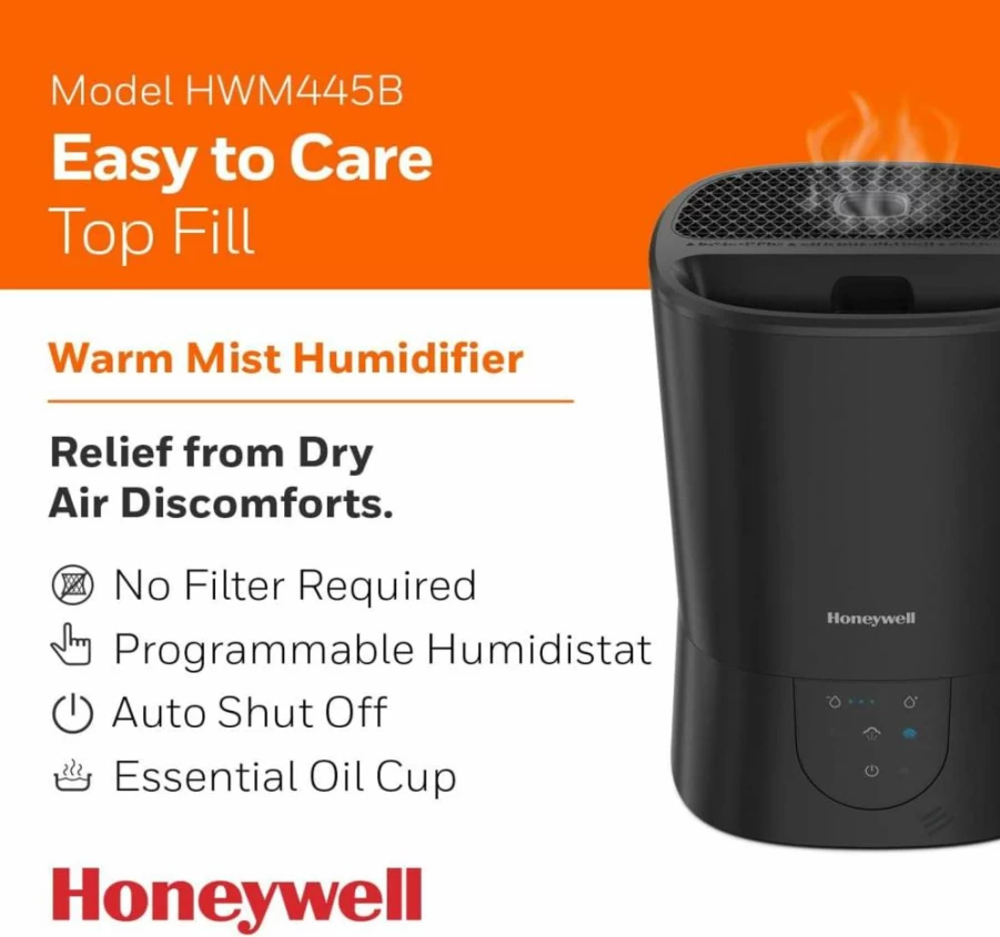 Honeywell 1.5 Gallon Warm Mist Humidifier with Humidistat for Medium Rooms - Filter Free, Easy to Clean for Bedroom, Office, or Home - Black