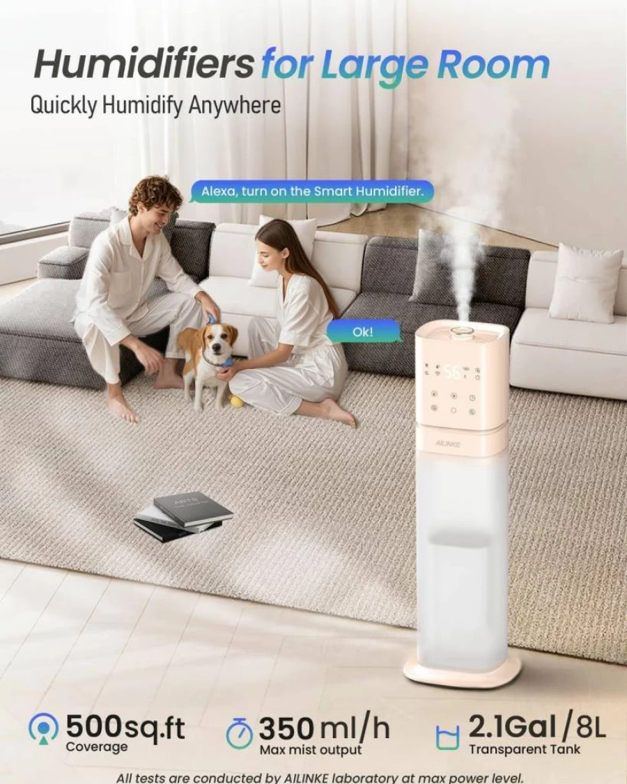 AILINKE Smart Humidifier with WiFi App & Voice Control, 2.1Gal Cool Mist Humidifier for Large Room, Bedroom, Office, Warehouse, Pale Pink with Night Light & Extended Tube