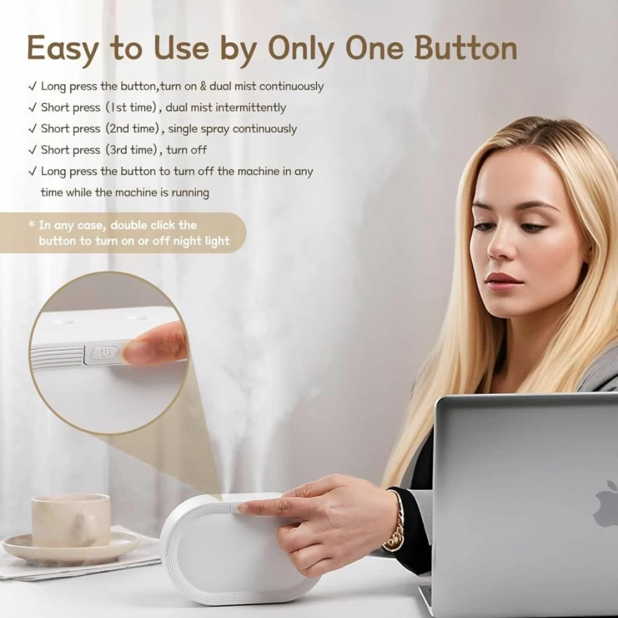Deevepanda 500ml Portable Dual Cool Mist Humidifier - Rechargeable Battery Powered for Bedroom, Office, Nursery & Indoor Plants