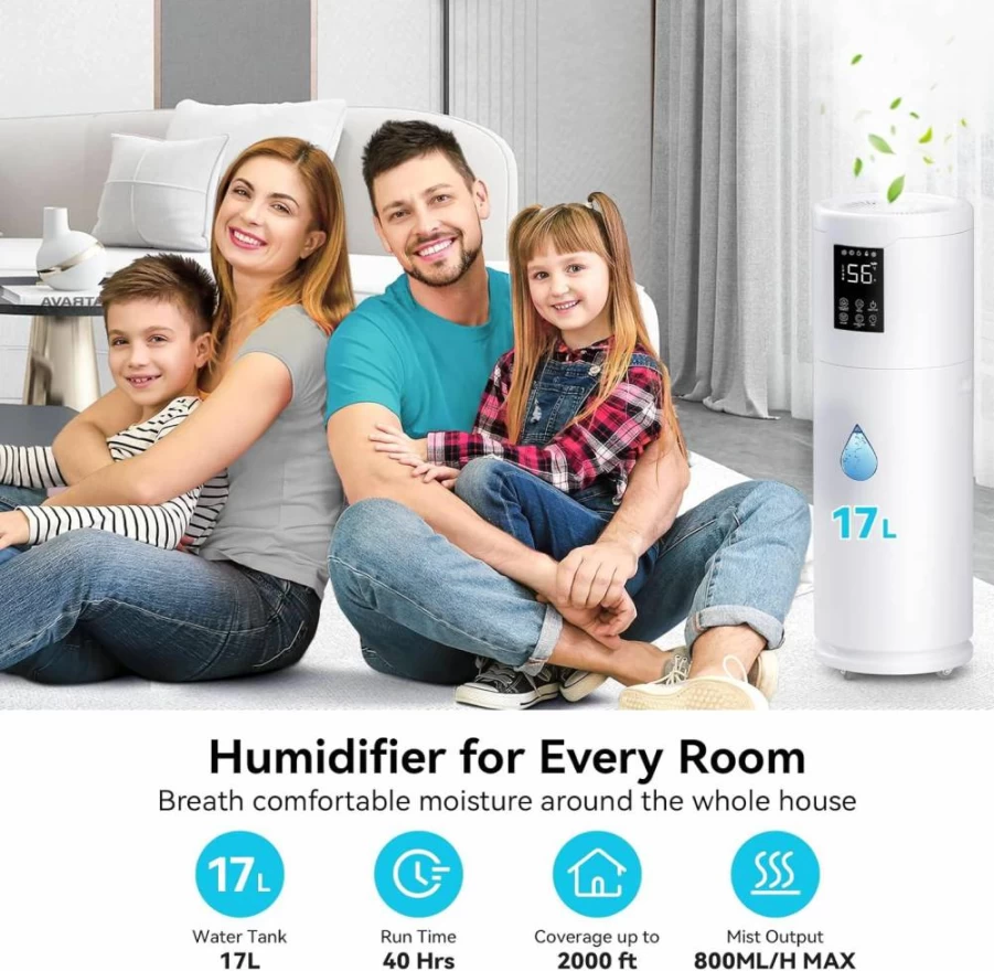 Honovos 2000 Sq.Ft Large Room Humidifier, 17L Top Fill Whole House Humidifier with 360° Nozzle & Extension Tube, 4 Speed Mist for Home, Office, Greenhouse