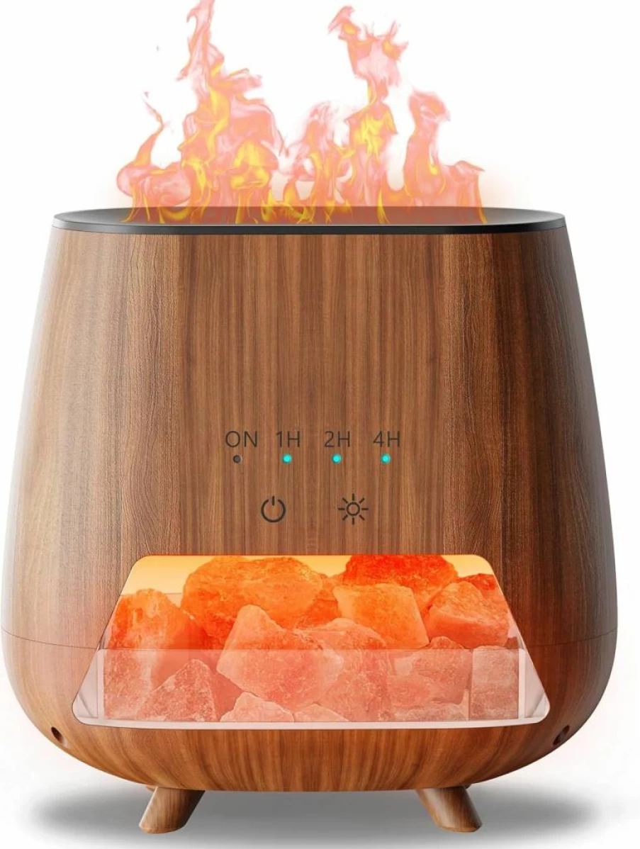 JJNJJN 200ml Wood Grain Essential Oil Diffuser with Himalayan Pink Salt Rock, Cool Mist Humidifier, Auto-Off & 9-Color LED Night Light for Bedroom & Home Aromatherapy