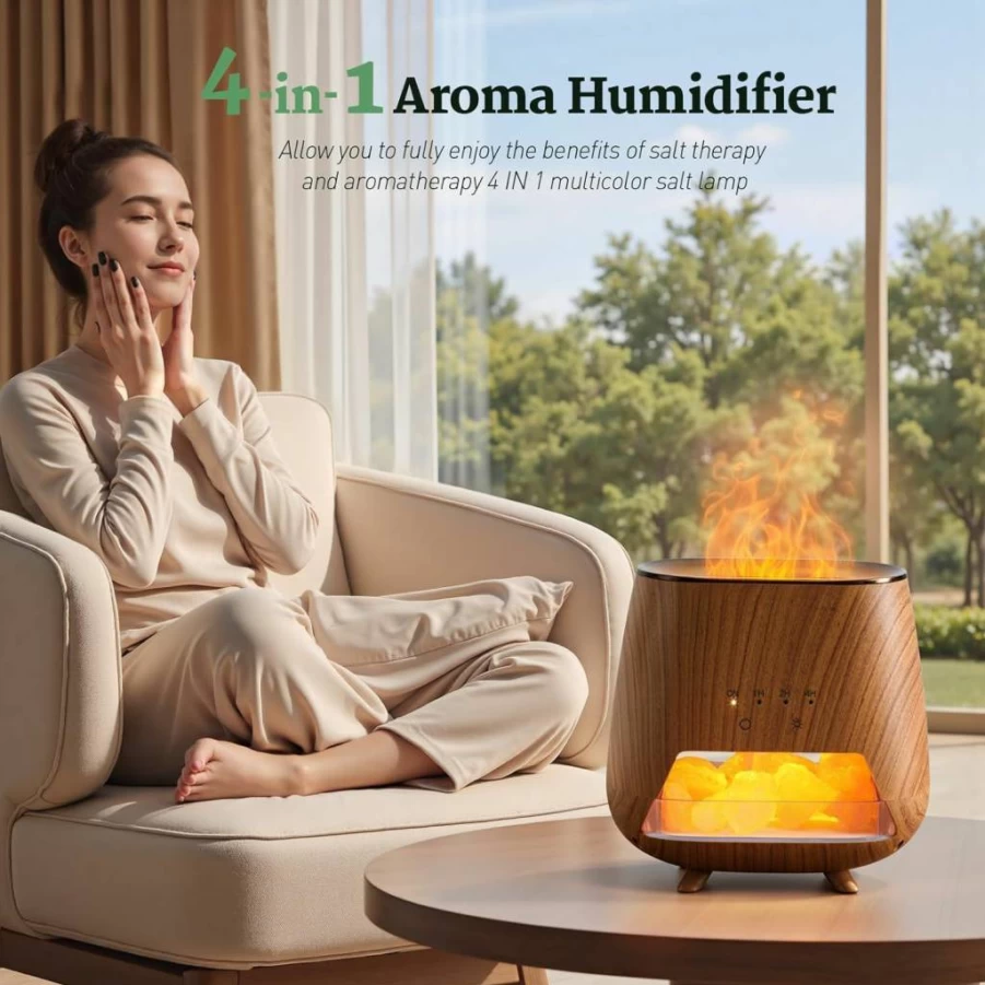 JJNJJN 200ml Wood Grain Essential Oil Diffuser with Himalayan Pink Salt Rock, Cool Mist Humidifier, Auto-Off & 9-Color LED Night Light for Bedroom & Home Aromatherapy