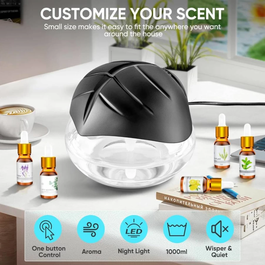 Idudbid Air Purifier & Essential Oil Diffuser with LED Night Light - Water Based Freshener for Bedroom, Home, Office - Eliminates Smoke, Pet Odors (Black)