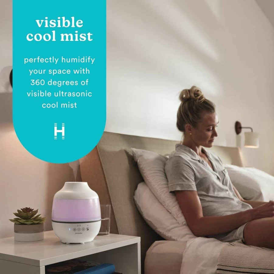 Homedics TotalComfort Cool Mist Humidifier with Essential Oil Diffuser, 7-Color Night Light, Timer, 2 Speed Settings for Bedroom, Office, Nursery, Plants - Large Capacity, Quiet, White