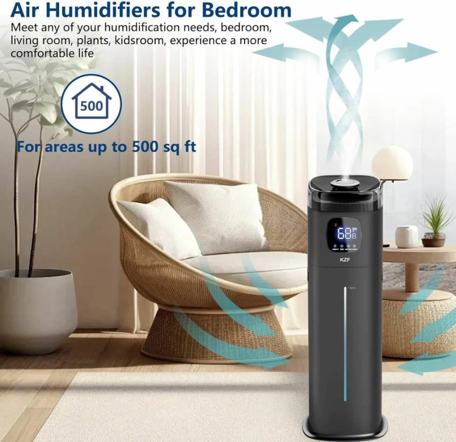 KZF 9L Ultrasonic Cool Mist Humidifier for Large Rooms - Quiet 26dB, 72-Hour Runtime, Top Fill, 3 Mist Levels, Humidistat, Auto Shut-Off for Bedroom, Nursery, and Plants (Black)