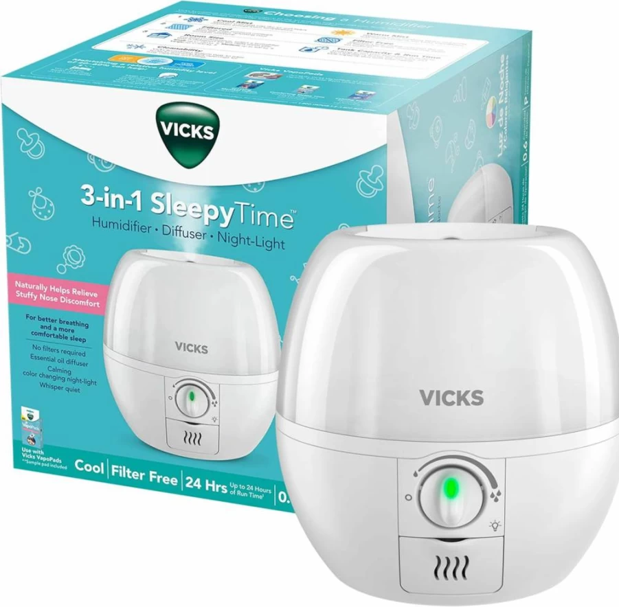 Vicks Cool Mist Humidifier with Night-Light & Essential Oil Diffuser for Baby and Kids Rooms – Pediatrician Recommended, Visible Mist, White