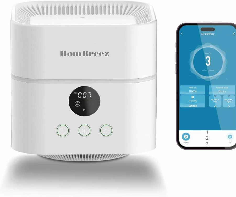 HomBreez Air Purifier & Humidifier Combo with H13 True HEPA Filter, 500mL Top-Fill Tank, App Control, Essential Oil Diffuser for Bedroom, Baby & Pet Room, Quiet 200 sq ft Coverage
