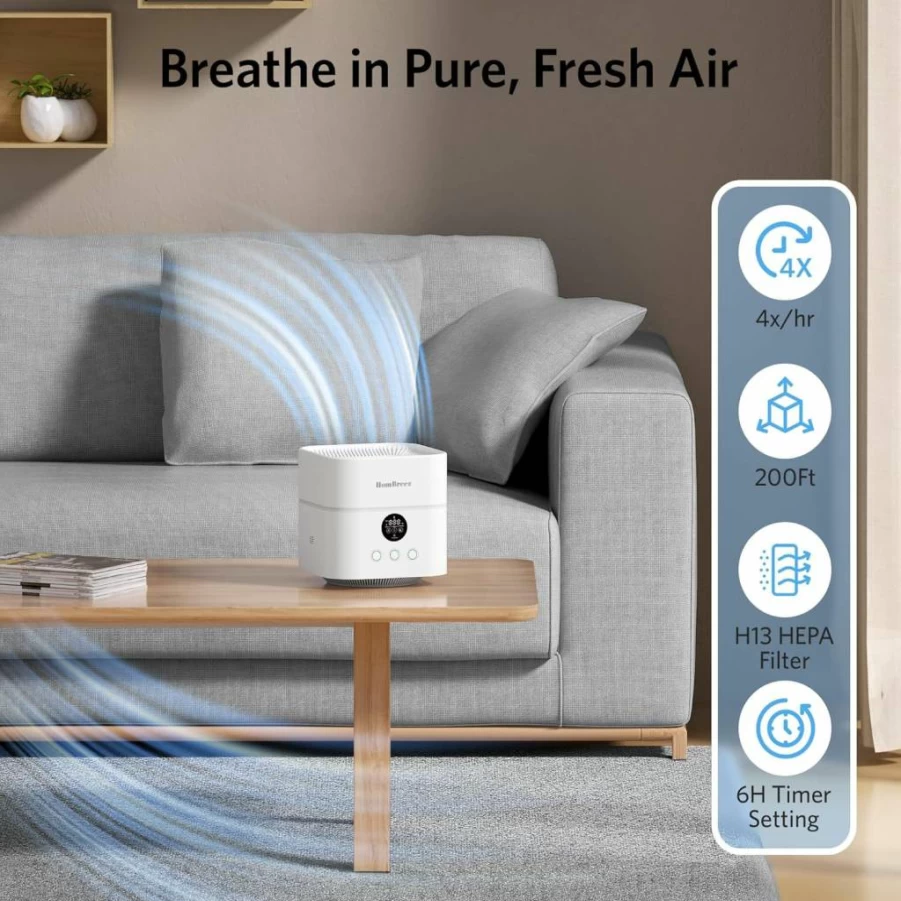 HomBreez Air Purifier & Humidifier Combo with H13 True HEPA Filter, 500mL Top-Fill Tank, App Control, Essential Oil Diffuser for Bedroom, Baby & Pet Room, Quiet 200 sq ft Coverage