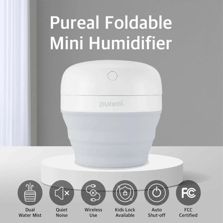 Pureal 500ml Foldable Mini Humidifier - Portable Cool Mist for Baby, Bedroom, Travel, Office, Home - 3 Mist Modes, Super Quiet, Auto Shut-Off, Up to 10 Hours Runtime