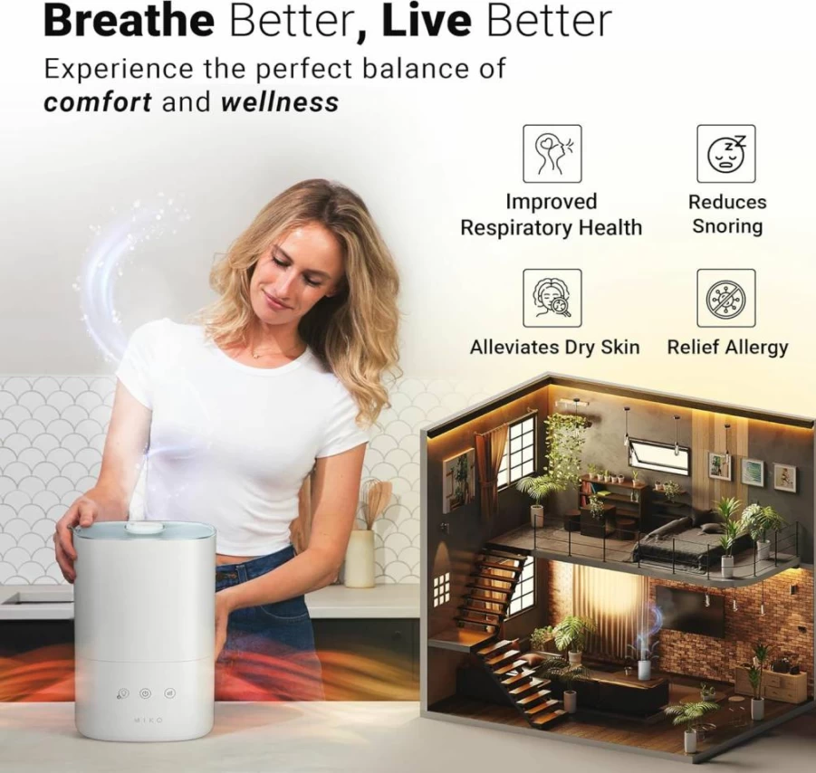 MIKO Ultrasonic Humidifier with WiFi App Control, Auto & Sleep Modes, No Leak Design, Built-In Timer, Pre-Filter for Bedroom, Baby, and Home Use