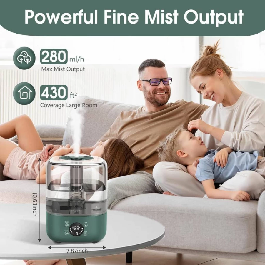 MultiOutools 5L Smart Cool Mist Humidifier for Large Bedroom, Top Fill Quiet Air Humidifier with Auto Shut-Off, 35-Hour Runtime for Baby Nursery & Plants, Green