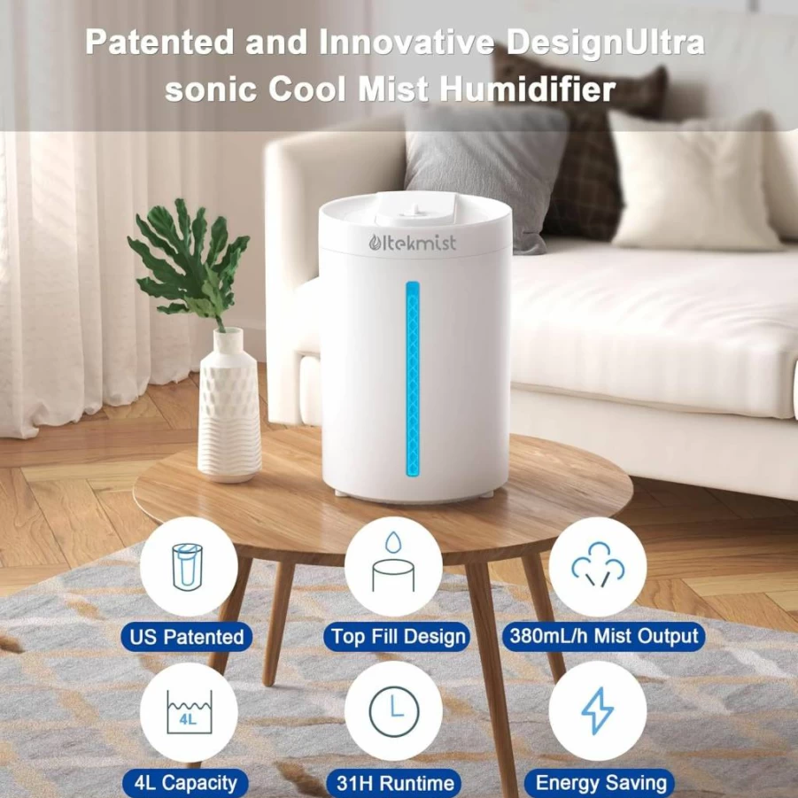 Ultekmist 2-In-1 Cool Mist Humidifier & Essential Oil Diffuser, 4L Top Fill, 31H Runtime, Quiet 30dB, Nightlight, for Bedroom, Nursery, Large Rooms & Plants