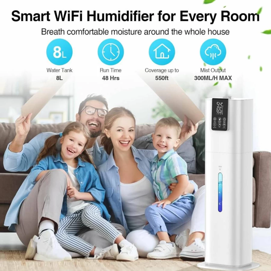Honovos 8L Smart Humidifier for Large Room with App Control, 360° Nozzle, 3 Speed Settings, Top Fill Cool Mist for Home Office Baby Nursery, Quiet Operation