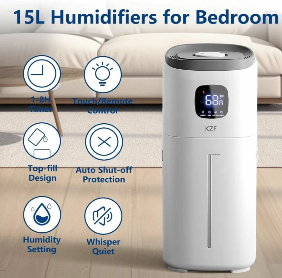 KZF 15L Large Room Humidifier - 72Hrs Top Fill, 26dB Ultra Quiet, 3 Mist Levels, Auto Shut-Off, for Bedroom, Nursery, Office, and Plants (2000 Sq.Ft)