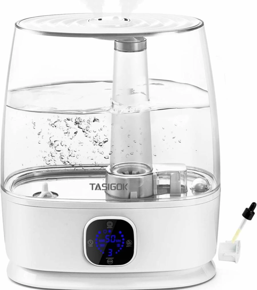 Tasigok 6L Ultrasonic Humidifier for Large Room - Cool & Warm Mist, Top Fill, Easy Clean, Quiet Operation, Essential Oil Diffuser, Auto Mode, Ideal for Bedroom, Nursery, Home, Black