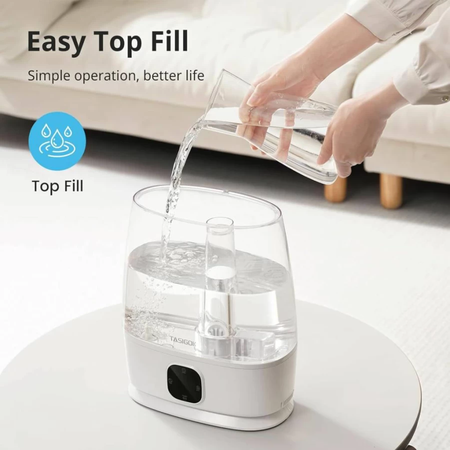 Tasigok 6L Ultrasonic Humidifier for Large Room - Cool & Warm Mist, Top Fill, Easy Clean, Quiet Operation, Essential Oil Diffuser, Auto Mode, Ideal for Bedroom, Nursery, Home, Black