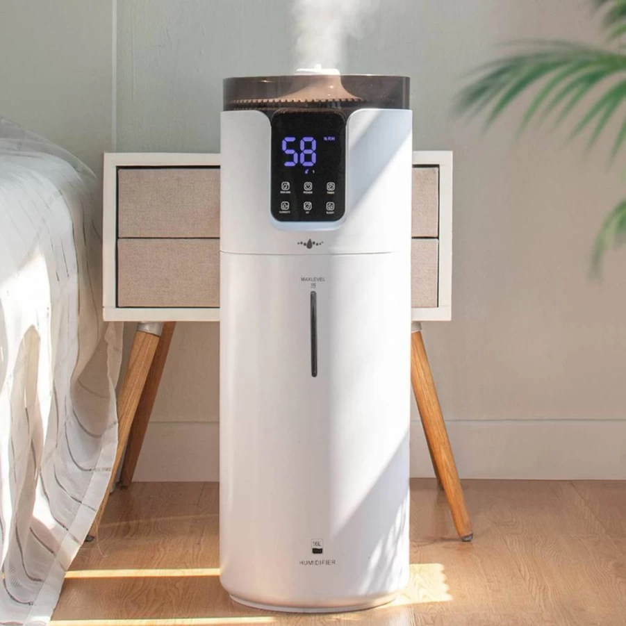 Lacidoll 16L Ultrasonic Cool Mist Humidifier for Large Rooms up to 1500 Sq.Ft with Aroma Box, Night Light & Extension Tube - White Whole House Humidifier