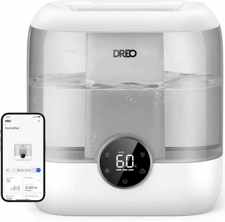 Dreo 6L Smart Cool Mist Humidifier for Large Rooms, 60-Hour Ultrasonic Top Fill Humidifier with Night Light, Quiet for Bedroom, Baby, Plants, and Home, Black