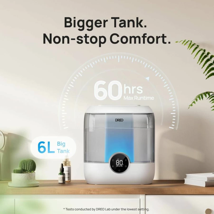 Dreo 6L Smart Cool Mist Humidifier for Large Rooms, 60-Hour Ultrasonic Top Fill Humidifier with Night Light, Quiet for Bedroom, Baby, Plants, and Home, Black