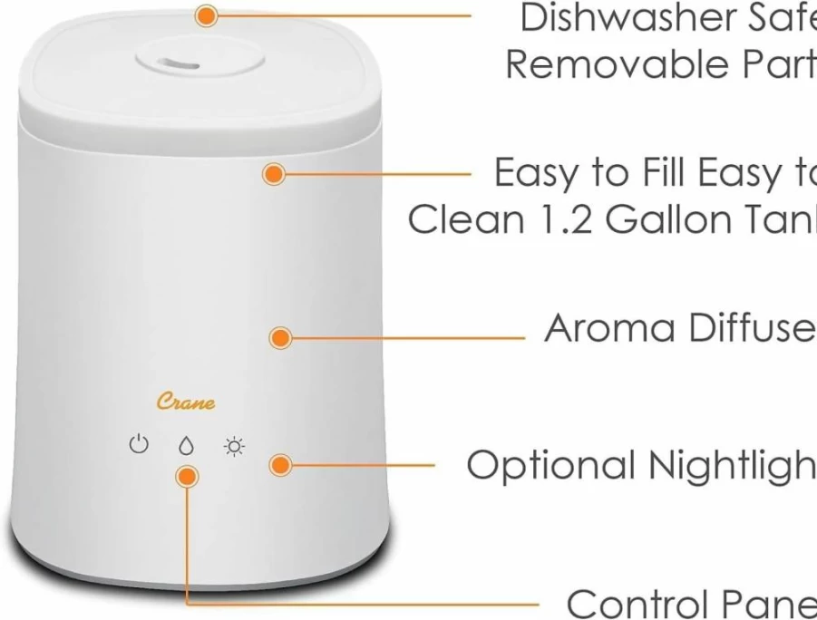 Crane Ultrasonic Cool Mist Humidifier with Essential Oil Diffuser, 1.2 Gallon Top Fill Tank, Nightlight & Auto Shut-Off for Bedroom & Large Rooms