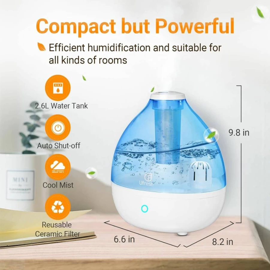 Ufresh Cool Mist Humidifier for Home & Bedroom, 2.6L Large Room Air Vaporizer with Touch Control, Auto Shut-Off, Whisper-Quiet Operation, Ideal for Baby Nursery, Kids Room & Plants (Sky Blue)