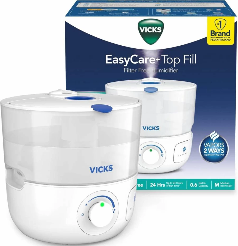 Vicks EasyCare Plus Top Fill Cool Mist Humidifier for Small Rooms - Compatible with VapoPads & VapoSteam, Filter-Free, White