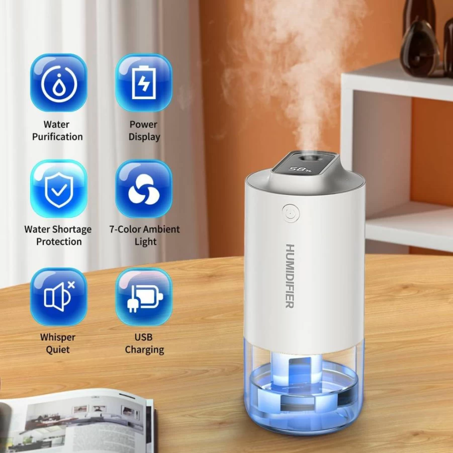 Hemosa Portable Mini Humidifier - USB Rechargeable, Super Quiet Cool Mist for Baby, Bedroom, Travel, Car & Office, 2 Mist Modes, Auto Shut-Off, White