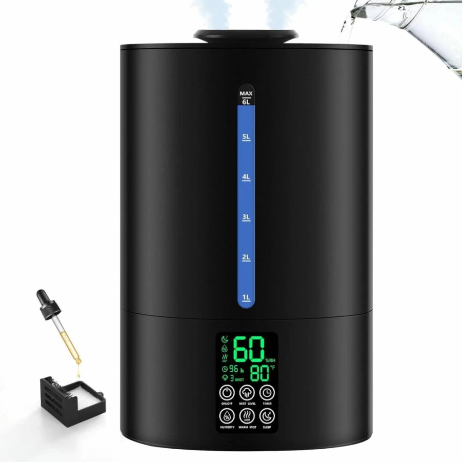 Coolfiqu 6L Humidifiers for Bedroom & Large Room, Top Fill Cool & Warm Mist Humidifier with Essential Oil Diffuser, 360° Nozzle, Adjustable Quiet Operation, Ideal for Baby, Plants, Home Office - Grey
