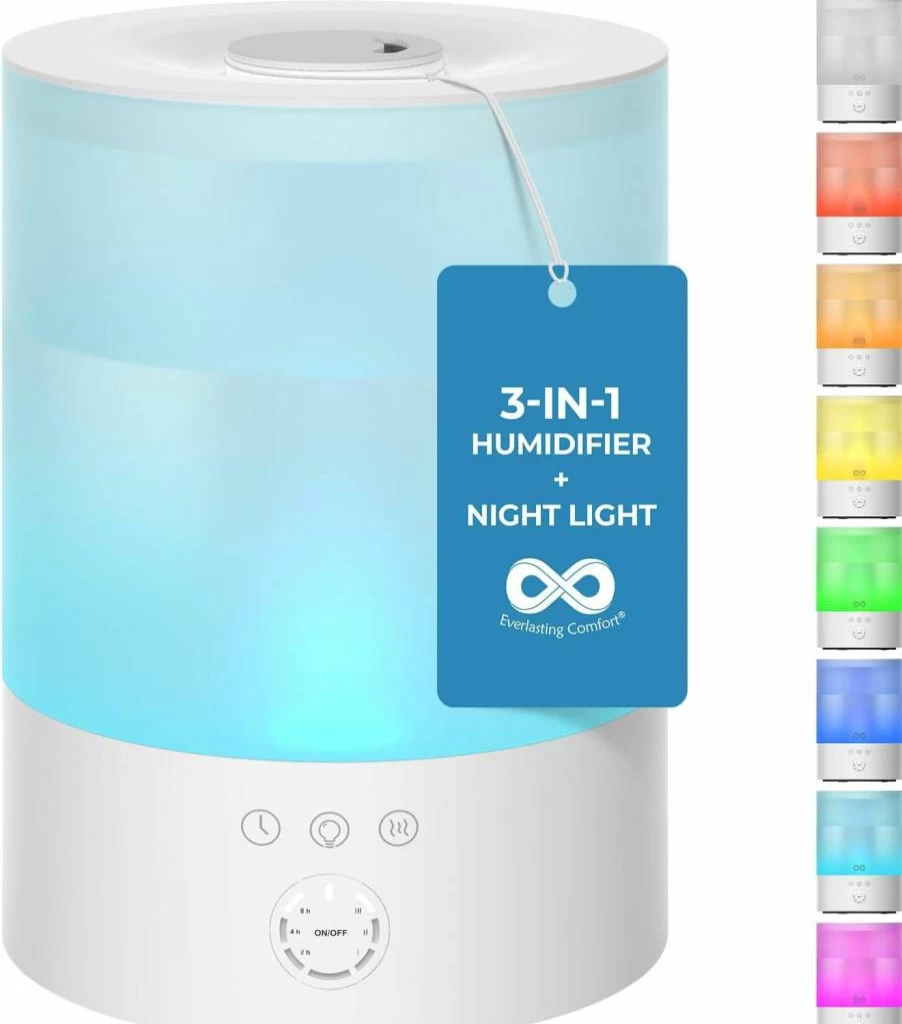 Everlasting Comfort 2.5L Ultrasonic Cool Mist Humidifier for Bedroom - Quiet, Top Fill, Easy Clean, 20-Hour Runtime, Auto Shut-Off, Aromatherapy Compatible