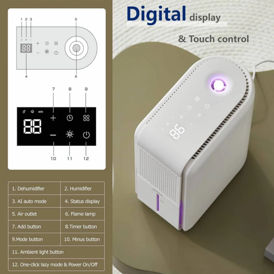 DINZAN 3-in-1 Air Purifier Humidifier Dehumidifier Combo with Drain Hose, 5 Modes, LED Display for Home, Bedroom, Livingroom, Basement, 7-Color Night Light
