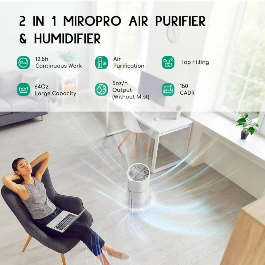 Afloia 2-in-1 Air Purifier & Humidifier with HEPA Filter, 7-Color Night Light, Auto Shut-Off, Quiet Operation for Allergies, Pet Hair, Smoke, and Odors