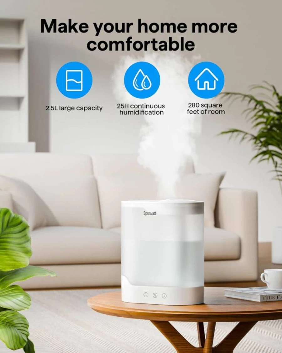 Sponvatt 2.5L Ultrasonic Cool Mist Humidifier with Top Fill, Oil Diffuser, Nightlight, Auto Shut-Off for Bedroom, Nursery, Office, Large Room - Quiet & Easy to Clean