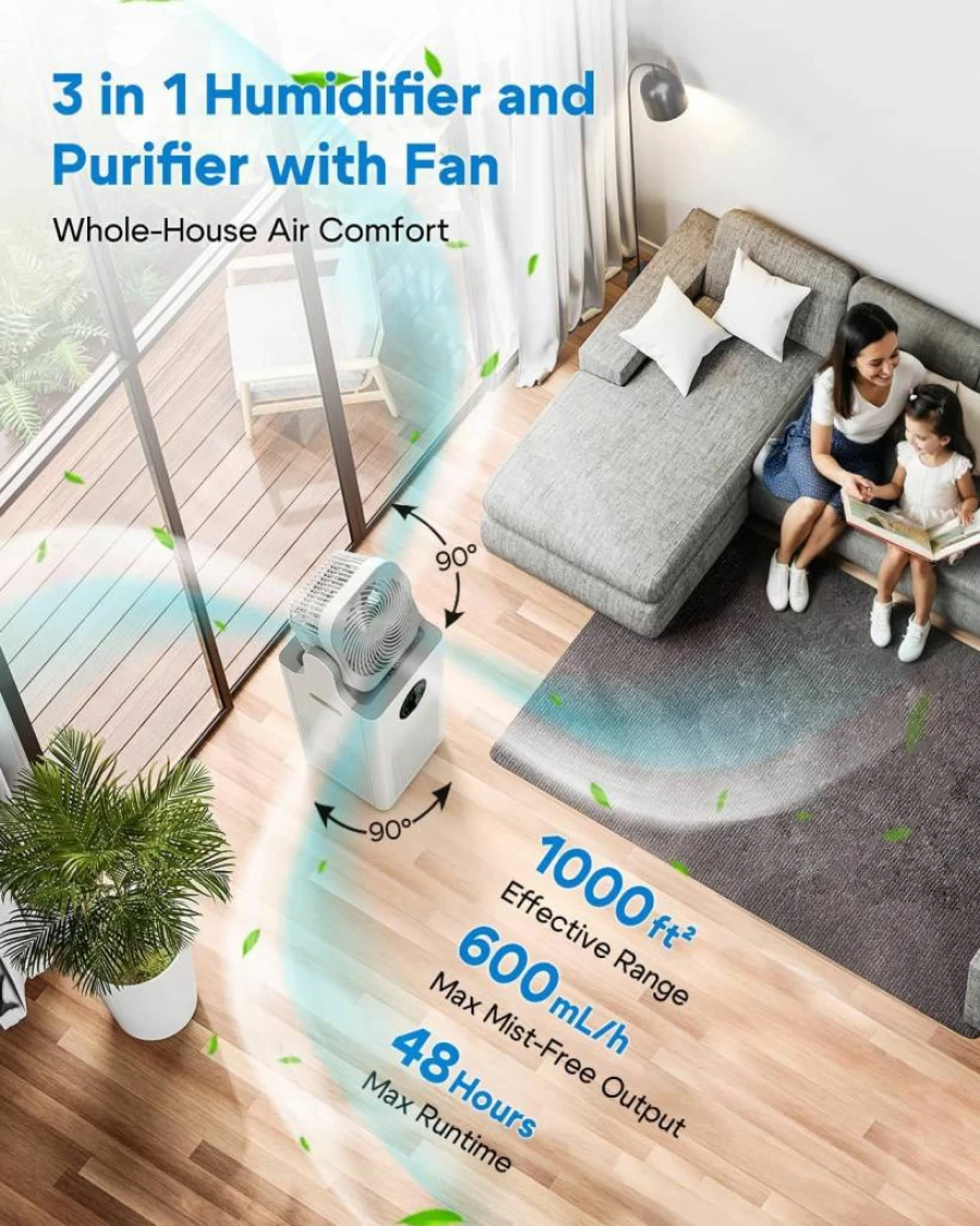 YOKEKON 4L Air Purifier and Humidifier Combo with Oscillating Fan, Evaporative Cooling for Large Rooms, Bedroom, Office, Sleep Mode, Timer, Quiet Operation, White