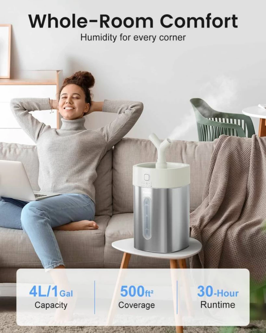 Feekaa 4L Cool Mist Humidifier for Large Rooms Up to 500 Sq Ft - Stainless Steel, Dishwasher Safe, Easy Clean for Bedroom, Nursery, Office