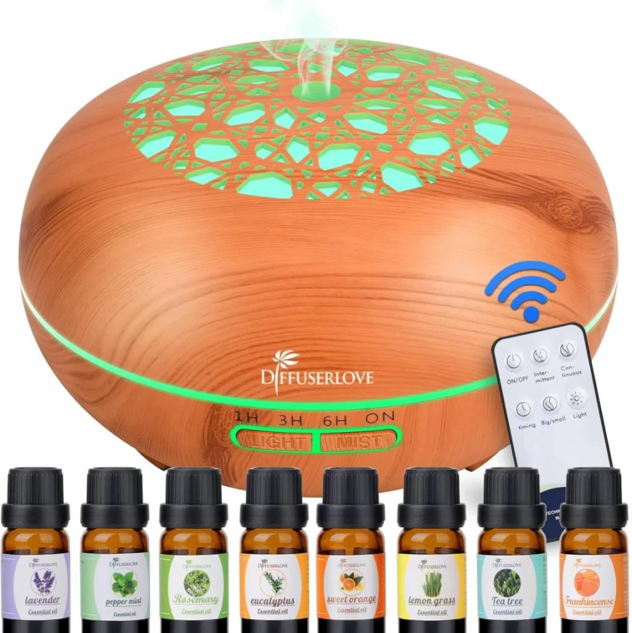 Diffuserlove 550ml Wood Grain Essential Oil Diffuser with Remote Control, 7 Color LED Lights, 4 Timer Settings, Auto Shut-Off, Cool Mist Humidifier for Home, Bedroom, Office