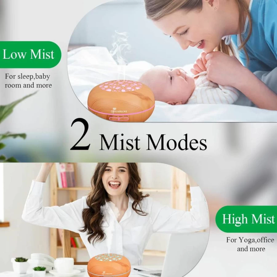 Diffuserlove 550ml Wood Grain Essential Oil Diffuser with Remote Control, 7 Color LED Lights, 4 Timer Settings, Auto Shut-Off, Cool Mist Humidifier for Home, Bedroom, Office